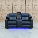 The Xanadu Two Seater Dual Motor Electric Recliner Theatre - Black Leather available to purchase from Warehouse Furniture Clearance at our next sale event.