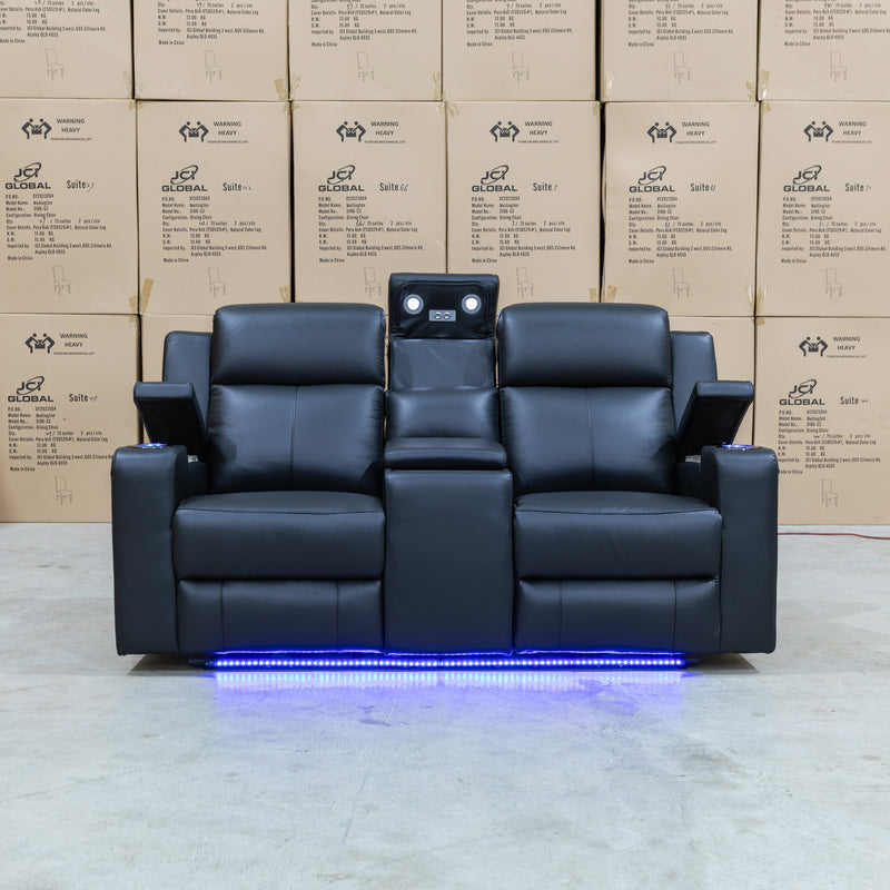 The Xanadu Two Seater Dual Motor Electric Recliner Theatre - Black Leather available to purchase from Warehouse Furniture Clearance at our next sale event.