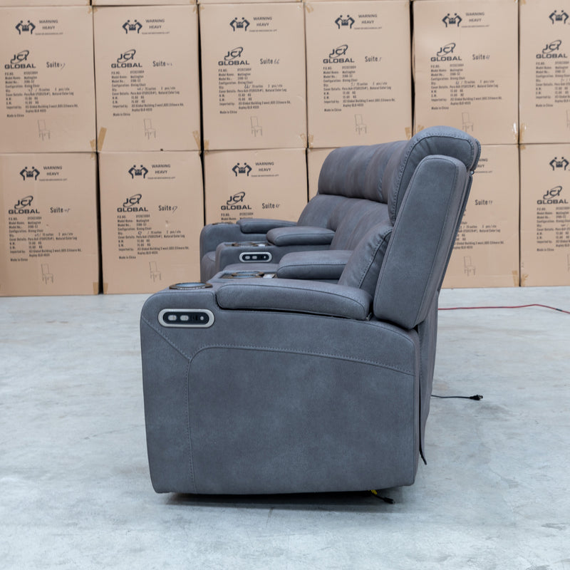 The Xanadu 4 Recliner Dual Motor Electric Theatre Lounge - Light Grey Rhino Suede available to purchase from Warehouse Furniture Clearance at our next sale event.