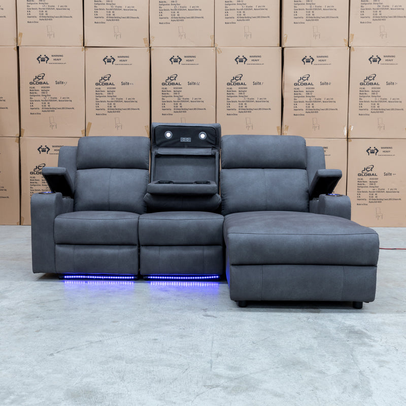 The Xanadu Dual Motor Electric Chaise Lounge - Light Grey Rhino Suede available to purchase from Warehouse Furniture Clearance at our next sale event.