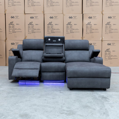 The Xanadu Dual Motor Electric Chaise Lounge - Light Grey Rhino Suede available to purchase from Warehouse Furniture Clearance at our next sale event.