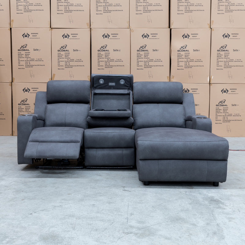 The Xanadu Dual Motor Electric Chaise Lounge - Light Grey Rhino Suede available to purchase from Warehouse Furniture Clearance at our next sale event.