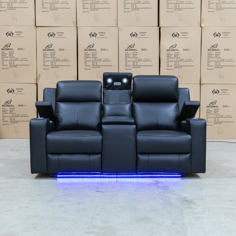 The Xanadu Two Seater Dual Motor Electric Recliner Theatre - Black Leather available to purchase from Warehouse Furniture Clearance at our next sale event.