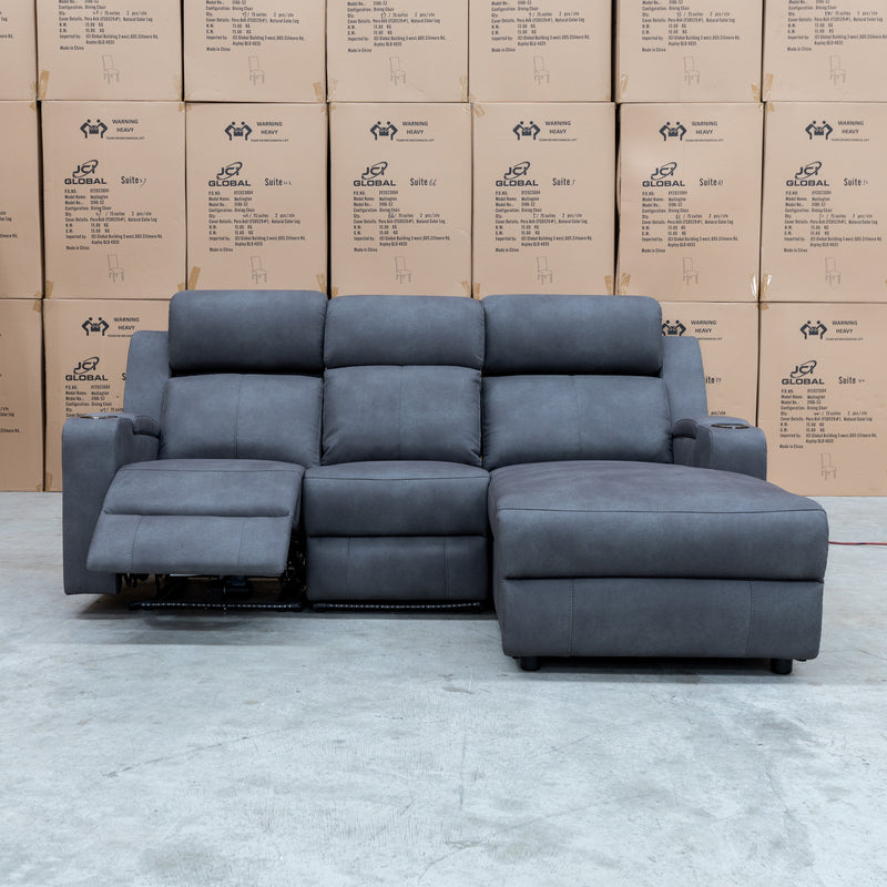 The Xanadu Dual Motor Electric Chaise Lounge - Light Grey Rhino Suede available to purchase from Warehouse Furniture Clearance at our next sale event.