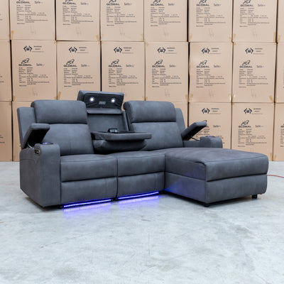 The Xanadu Dual Motor Electric Chaise Lounge - Light Grey Rhino Suede available to purchase from Warehouse Furniture Clearance at our next sale event.