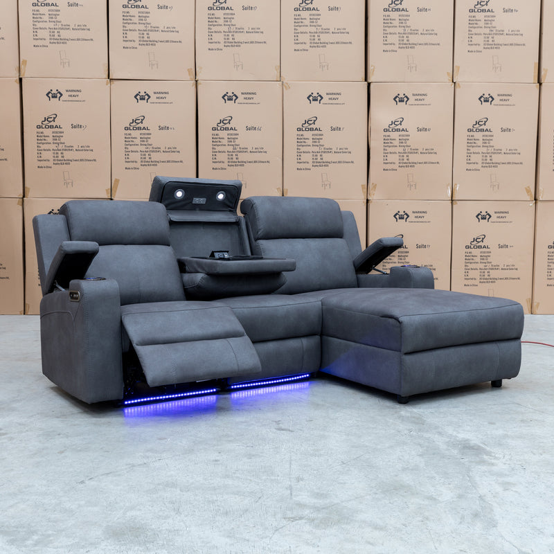 The Xanadu Dual Motor Electric Chaise Lounge - Light Grey Rhino Suede available to purchase from Warehouse Furniture Clearance at our next sale event.