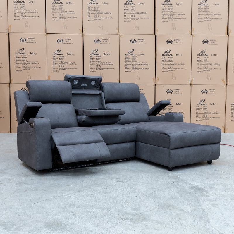 The Xanadu Dual Motor Electric Chaise Lounge - Light Grey Rhino Suede available to purchase from Warehouse Furniture Clearance at our next sale event.