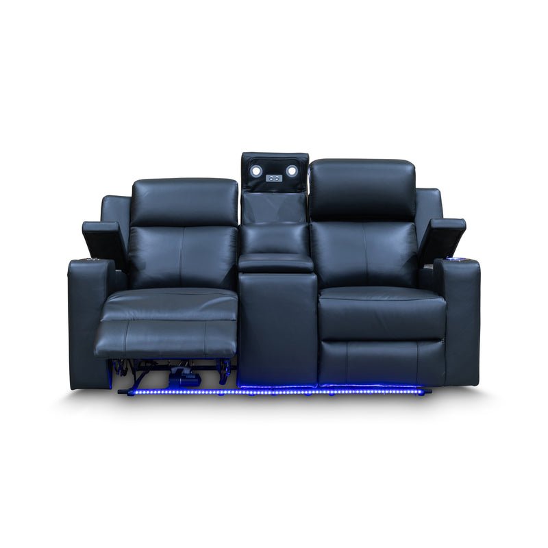 The Xanadu Two Seater Dual Motor Electric Recliner Theatre - Black Leather available to purchase from Warehouse Furniture Clearance at our next sale event.