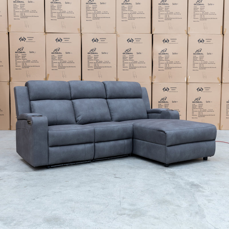 The Xanadu Dual Motor Electric Chaise Lounge - Light Grey Rhino Suede available to purchase from Warehouse Furniture Clearance at our next sale event.
