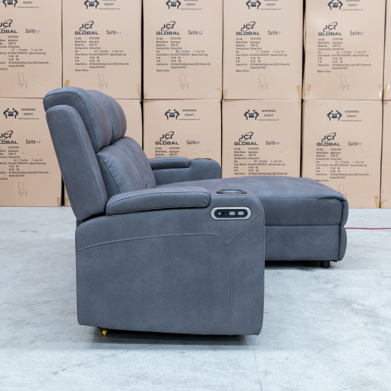 The Xanadu Dual Motor Electric Chaise Lounge - Light Grey Rhino Suede available to purchase from Warehouse Furniture Clearance at our next sale event.