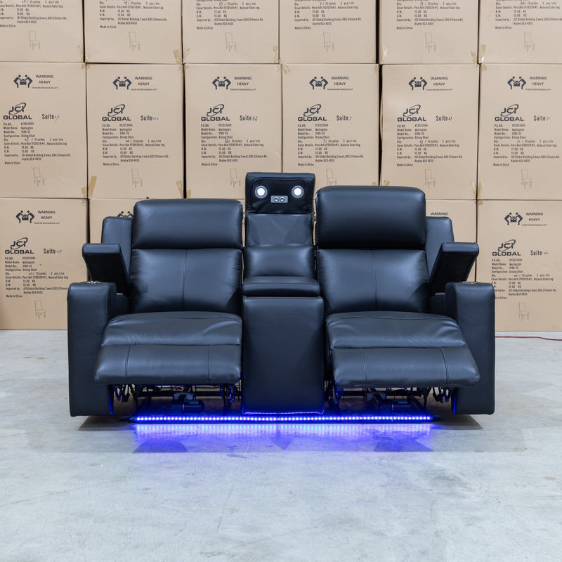 The Xanadu Two Seater Dual Motor Electric Recliner Theatre - Black Leather available to purchase from Warehouse Furniture Clearance at our next sale event.