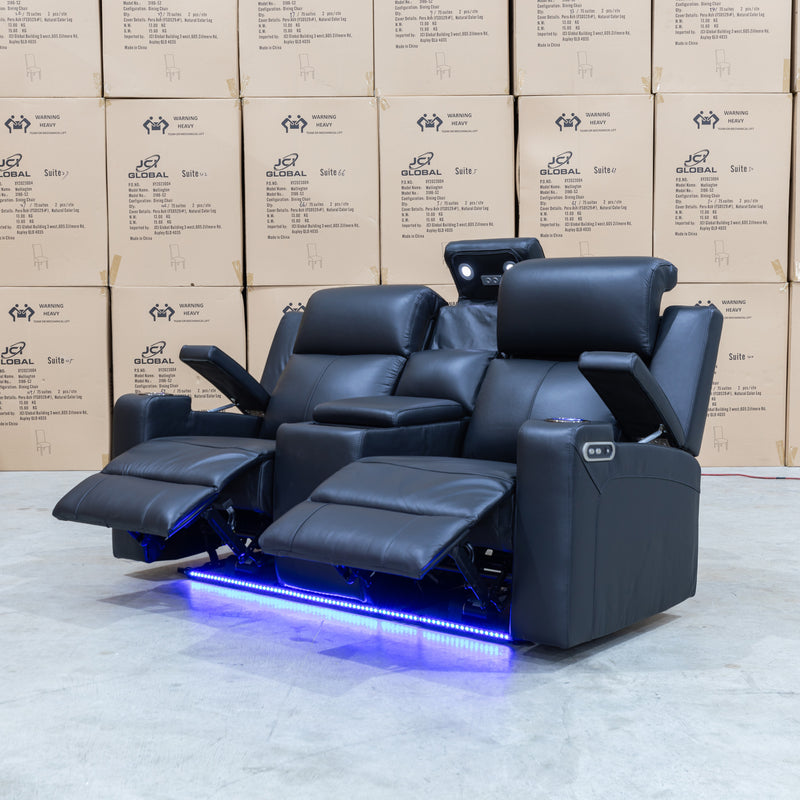 The Xanadu Two Seater Dual Motor Electric Recliner Theatre - Black Leather available to purchase from Warehouse Furniture Clearance at our next sale event.