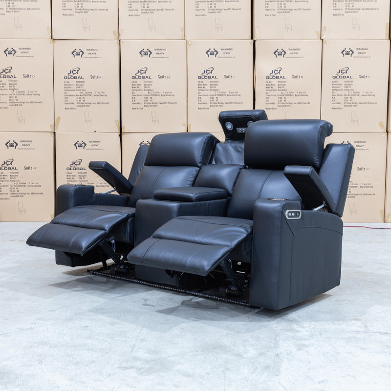 The Xanadu Two Seater Dual Motor Electric Recliner Theatre - Black Leather available to purchase from Warehouse Furniture Clearance at our next sale event.