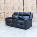 The Xanadu Two Seater Dual Motor Electric Recliner Theatre - Black Leather available to purchase from Warehouse Furniture Clearance at our next sale event.