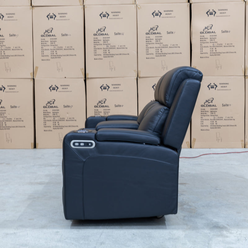 The Xanadu Two Seater Dual Motor Electric Recliner Theatre - Black Leather available to purchase from Warehouse Furniture Clearance at our next sale event.