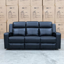 The Xanadu Three Seater Dual Motor Electric Recliner Lounge - Black Leather available to purchase from Warehouse Furniture Clearance at our next sale event.