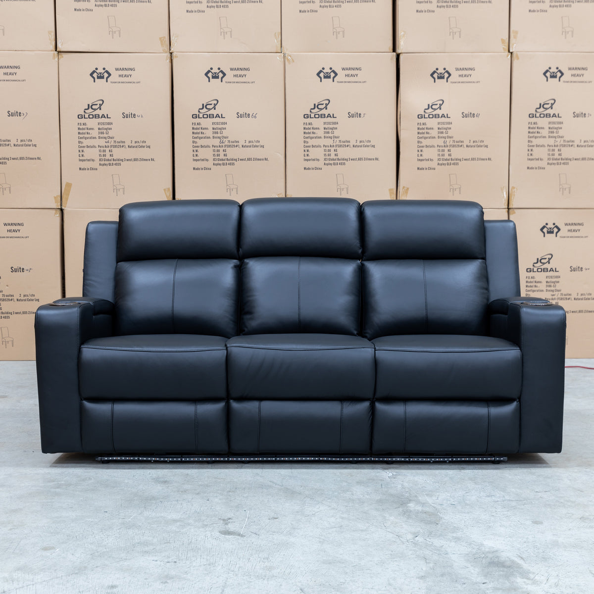 The Xanadu Three Seater Dual Motor Electric Recliner Lounge - Black Leather available to purchase from Warehouse Furniture Clearance at our next sale event.