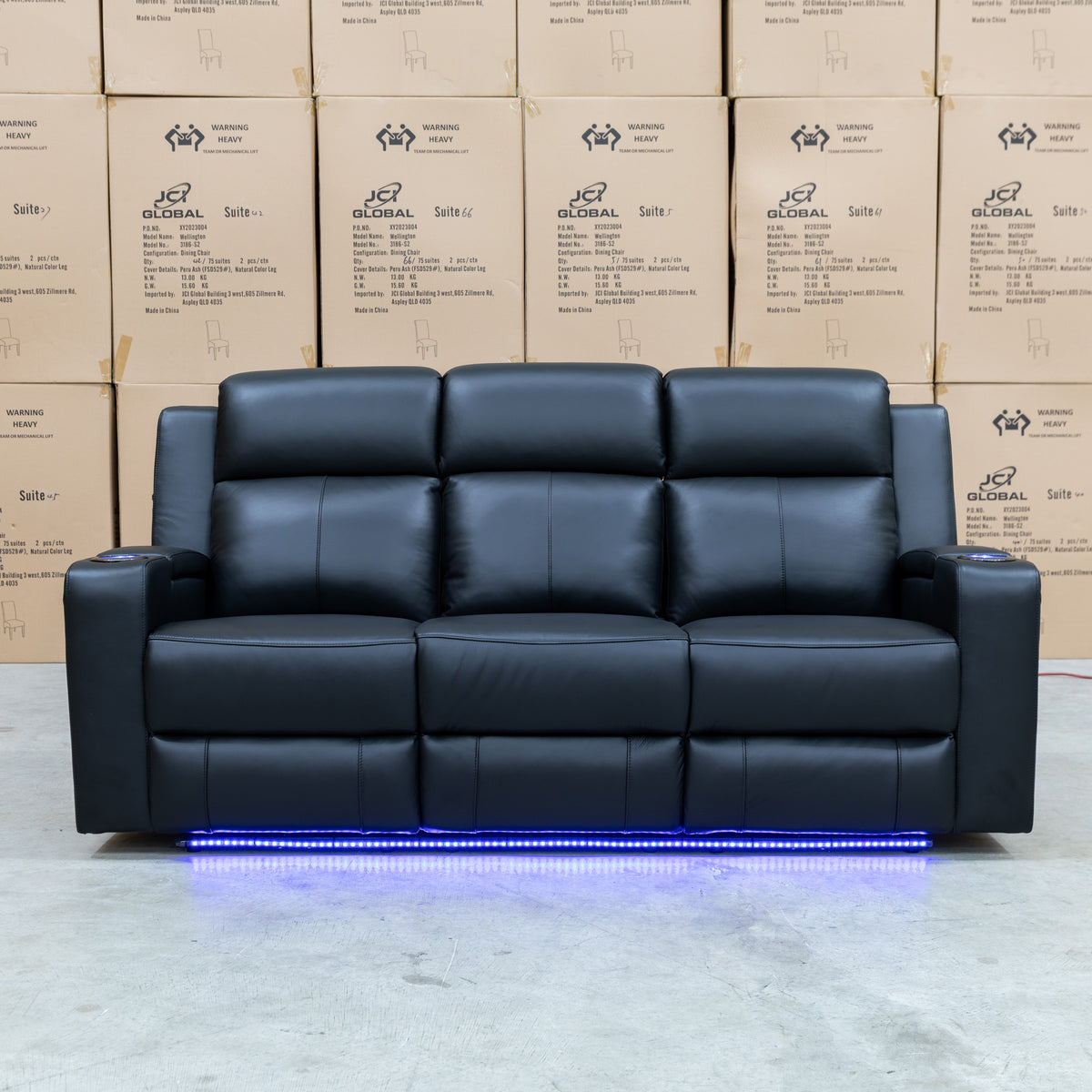 The Xanadu Three Seater Dual Motor Electric Recliner Lounge - Black Leather available to purchase from Warehouse Furniture Clearance at our next sale event.