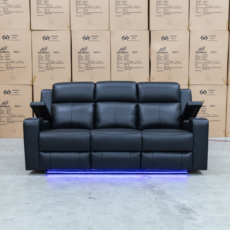 The Xanadu Three Seater Dual Motor Electric Recliner Lounge - Black Leather available to purchase from Warehouse Furniture Clearance at our next sale event.