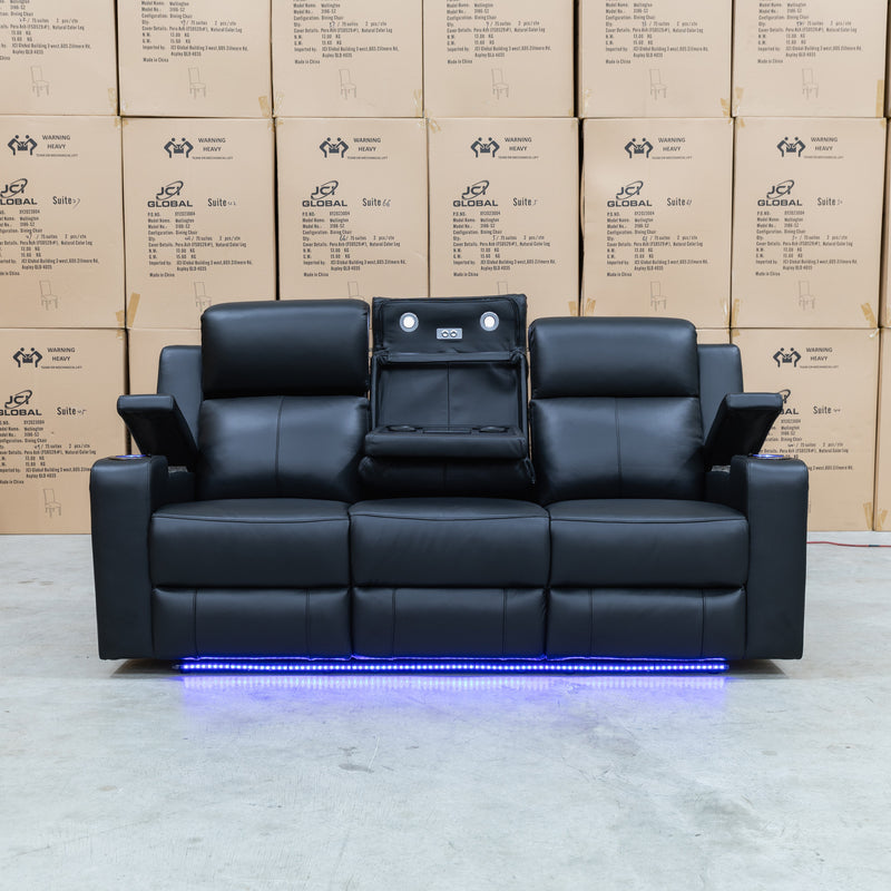 The Xanadu Three Seater Dual Motor Electric Recliner Lounge - Black Leather available to purchase from Warehouse Furniture Clearance at our next sale event.