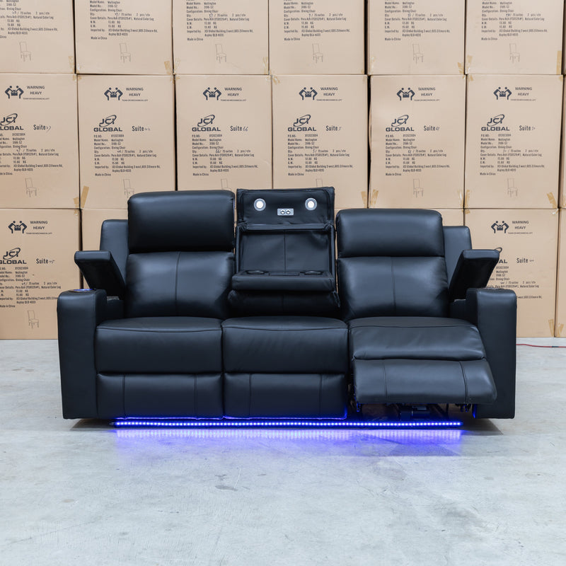 The Xanadu Three Seater Dual Motor Electric Recliner Lounge - Black Leather available to purchase from Warehouse Furniture Clearance at our next sale event.