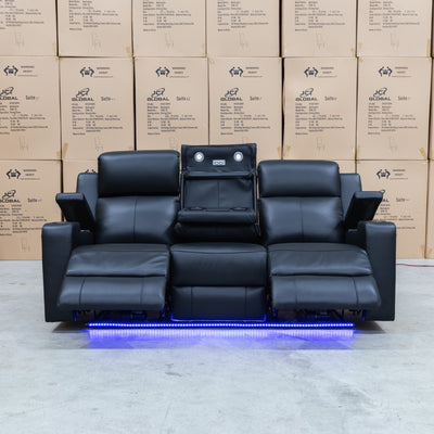 The Xanadu Three Seater Dual Motor Electric Recliner Lounge - Black Leather available to purchase from Warehouse Furniture Clearance at our next sale event.