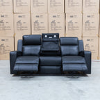 The Xanadu Three Seater Dual Motor Electric Recliner Lounge - Black Leather available to purchase from Warehouse Furniture Clearance at our next sale event.