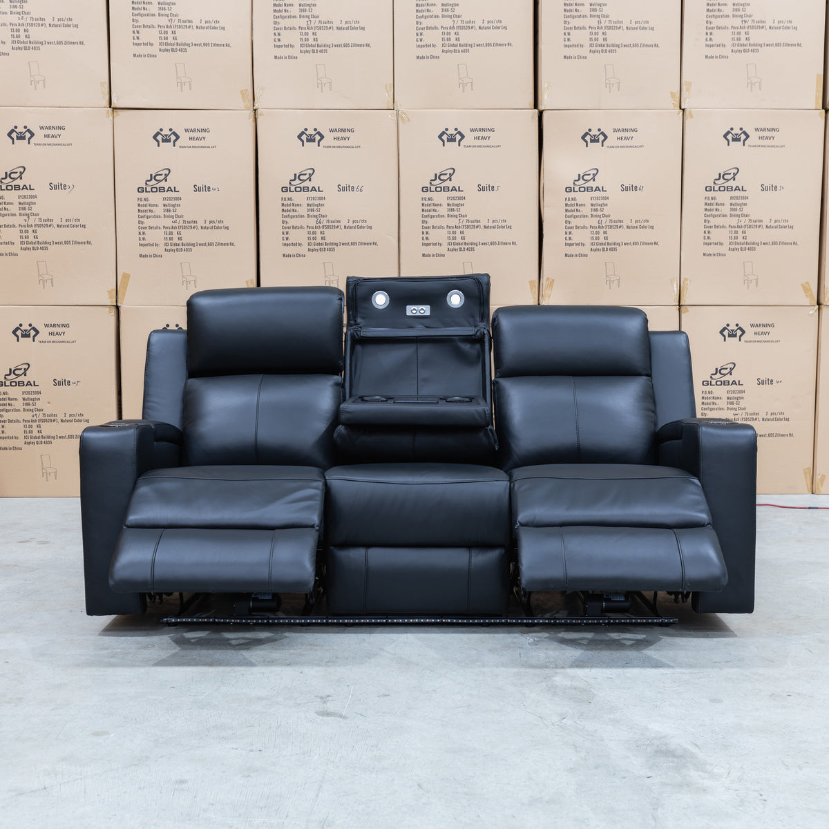 The Xanadu Three Seater Dual Motor Electric Recliner Lounge - Black Leather available to purchase from Warehouse Furniture Clearance at our next sale event.