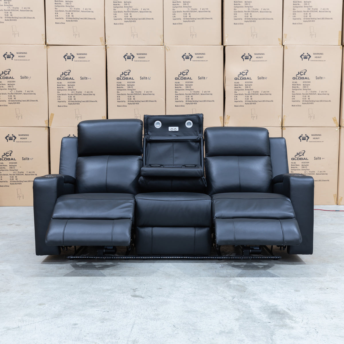 The Xanadu Three Seater Dual Motor Electric Recliner Lounge - Black Leather available to purchase from Warehouse Furniture Clearance at our next sale event.