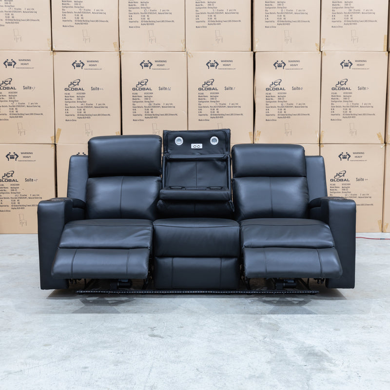 The Xanadu Three Seater Dual Motor Electric Recliner Lounge - Black Leather available to purchase from Warehouse Furniture Clearance at our next sale event.