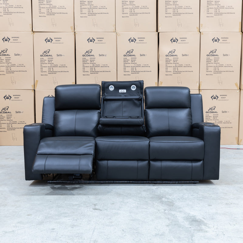 The Xanadu Three Seater Dual Motor Electric Recliner Lounge - Black Leather available to purchase from Warehouse Furniture Clearance at our next sale event.