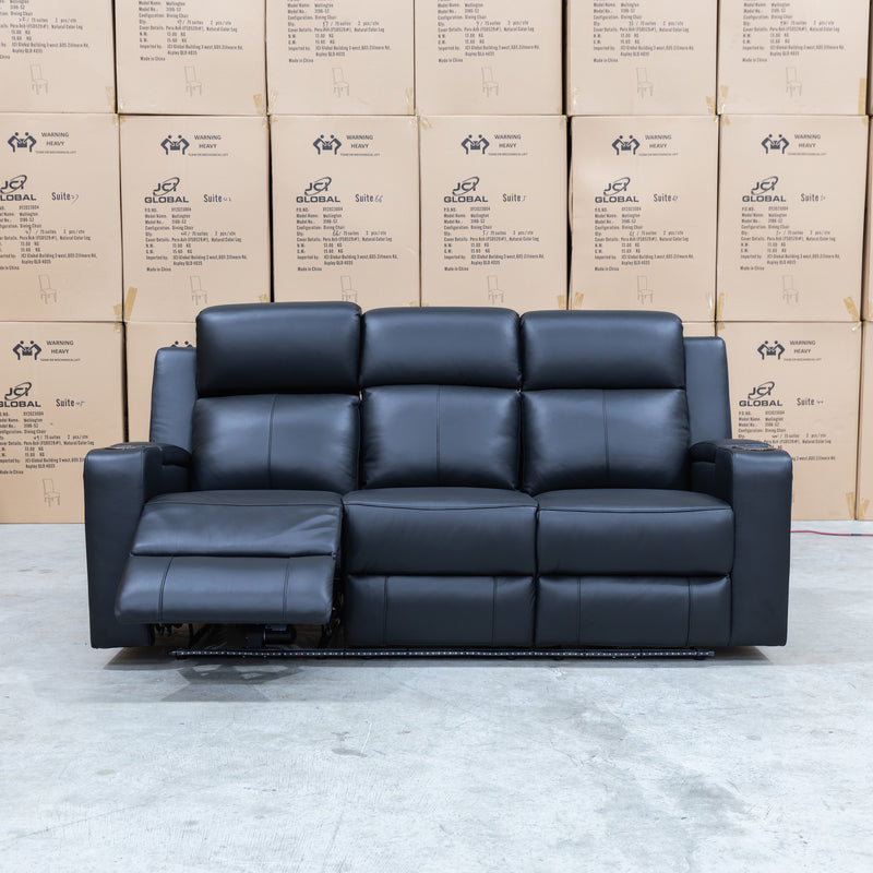 The Xanadu Three Seater Dual Motor Electric Recliner Lounge - Black Leather - Available After 6th November available to purchase from Warehouse Furniture Clearance at our next sale event.