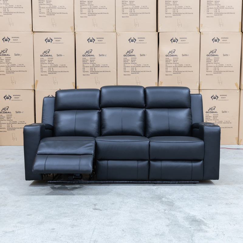 The Xanadu Three Seater Dual Motor Electric Recliner Lounge - Black Leather - Available After 6th November available to purchase from Warehouse Furniture Clearance at our next sale event.