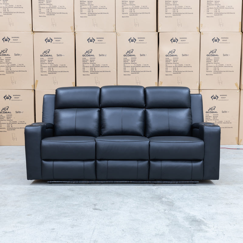 The Xanadu Three Seater Dual Motor Electric Recliner Lounge - Black Leather available to purchase from Warehouse Furniture Clearance at our next sale event.