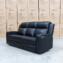The Xanadu Three Seater Dual Motor Electric Recliner Lounge - Black Leather - Available After 6th November available to purchase from Warehouse Furniture Clearance at our next sale event.