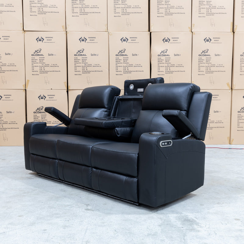 The Xanadu Three Seater Dual Motor Electric Recliner Lounge - Black Leather - Available After 6th November available to purchase from Warehouse Furniture Clearance at our next sale event.