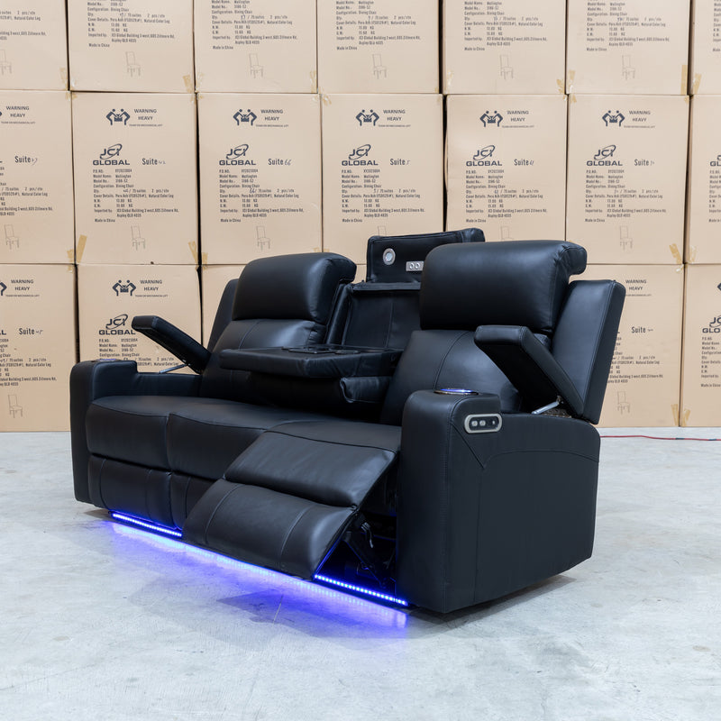 The Xanadu Three Seater Dual Motor Electric Recliner Lounge - Black Leather available to purchase from Warehouse Furniture Clearance at our next sale event.