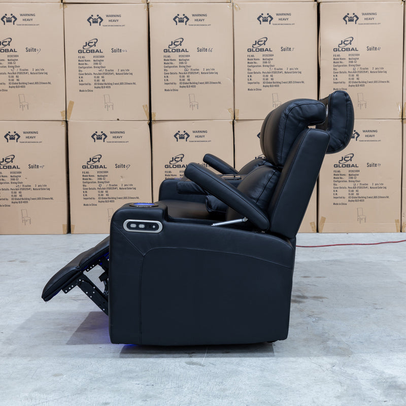 The Xanadu Three Seater Dual Motor Electric Recliner Lounge - Black Leather - Available After 6th November available to purchase from Warehouse Furniture Clearance at our next sale event.