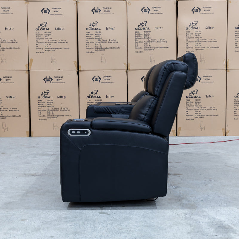 The Xanadu Three Seater Dual Motor Electric Recliner Lounge - Black Leather - Available After 6th November available to purchase from Warehouse Furniture Clearance at our next sale event.
