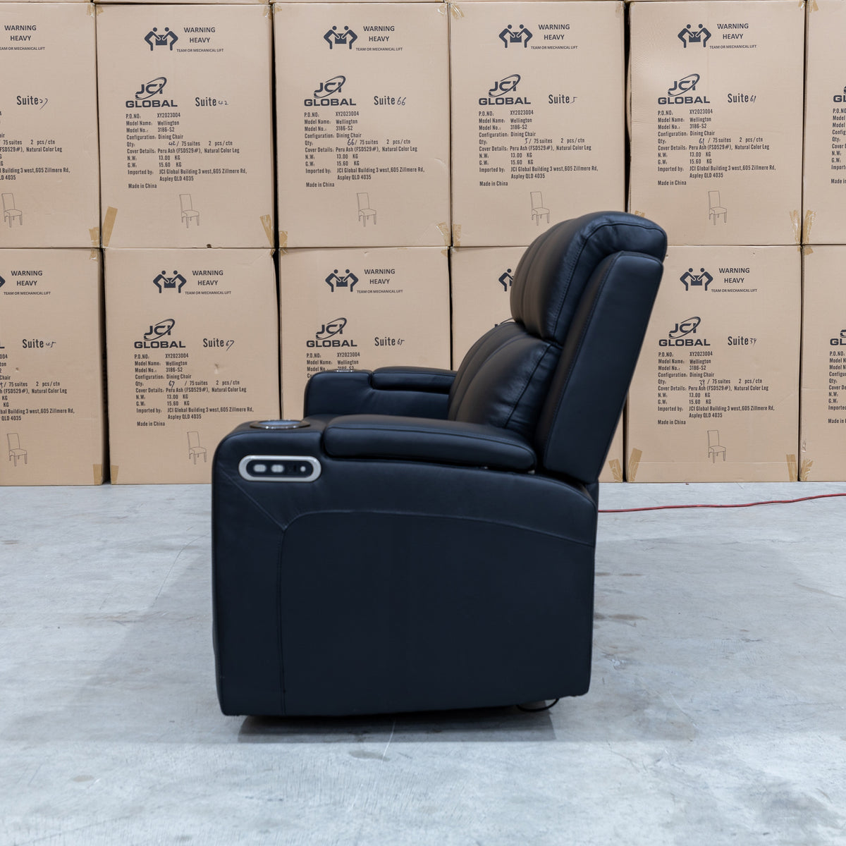 The Xanadu Three Seater Dual Motor Electric Recliner Lounge - Black Leather available to purchase from Warehouse Furniture Clearance at our next sale event.