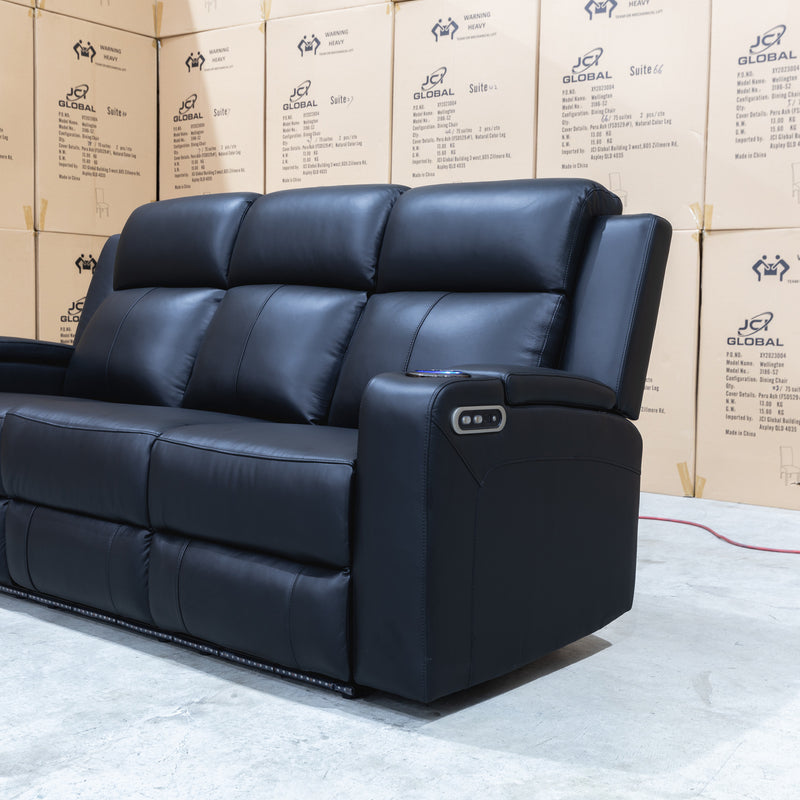 The Xanadu Three Seater Dual Motor Electric Recliner Lounge - Black Leather available to purchase from Warehouse Furniture Clearance at our next sale event.