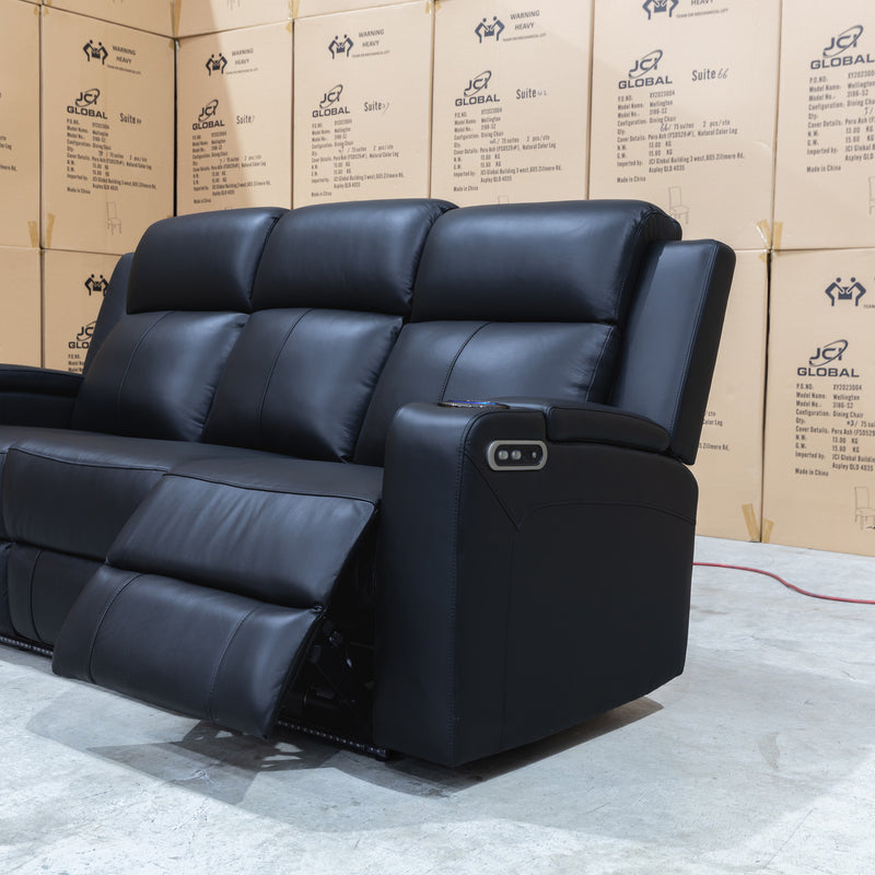 The Xanadu Three Seater Dual Motor Electric Recliner Lounge - Black Leather available to purchase from Warehouse Furniture Clearance at our next sale event.