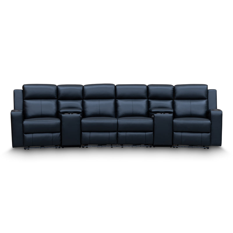 The Xanadu 4 Recliner Dual Motor Electric Theatre Lounge - Black Leather - Available After 6th November available to purchase from Warehouse Furniture Clearance at our next sale event.