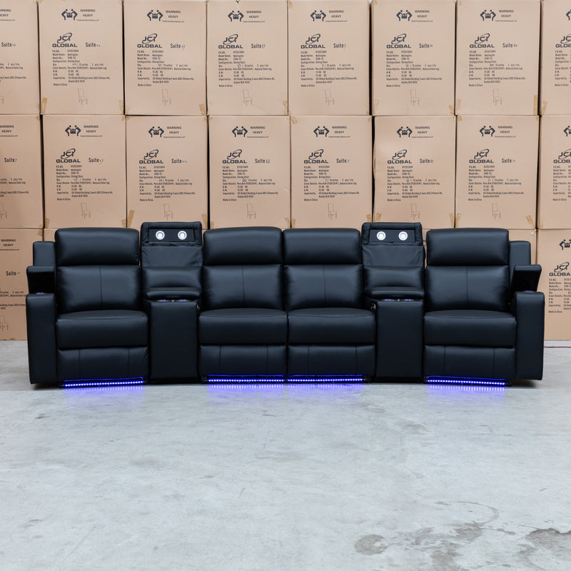 The Xanadu 4 Recliner Dual Motor Electric Theatre Lounge - Black Leather - Available After 6th November available to purchase from Warehouse Furniture Clearance at our next sale event.