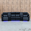 The Xanadu 4 Recliner Dual Motor Electric Theatre Lounge - Black Leather - Available After 6th November available to purchase from Warehouse Furniture Clearance at our next sale event.