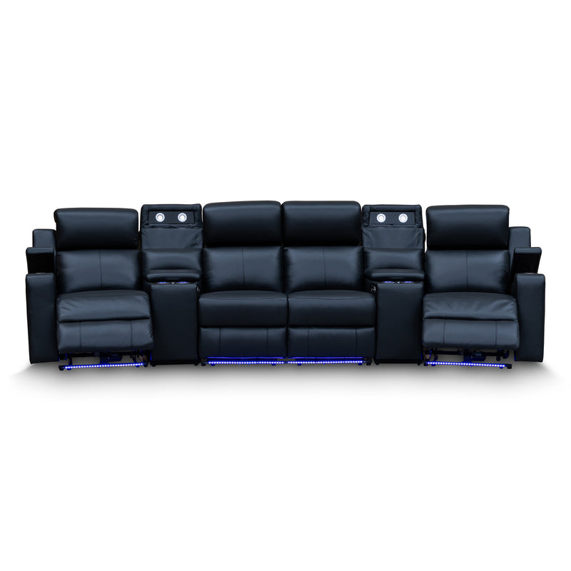 The Xanadu 4 Recliner Dual Motor Electric Theatre Lounge - Black Leather - Available After 6th November available to purchase from Warehouse Furniture Clearance at our next sale event.