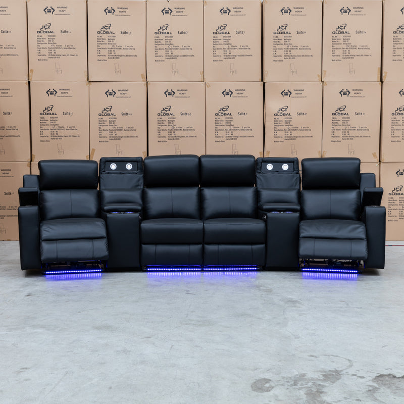 The Xanadu 4 Recliner Dual Motor Electric Theatre Lounge - Black Leather - Available After 6th November available to purchase from Warehouse Furniture Clearance at our next sale event.