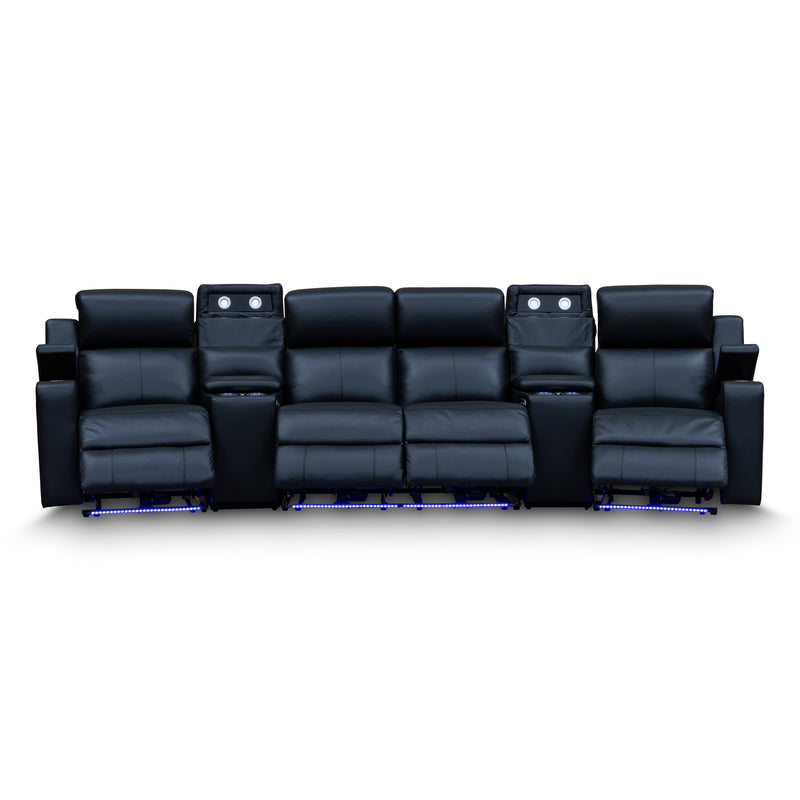 The Xanadu 4 Recliner Dual Motor Electric Theatre Lounge - Black Leather - Available After 6th November available to purchase from Warehouse Furniture Clearance at our next sale event.