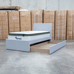 The York King Single Fabric Trundle Bed - Grey (Reversible Trundle) available to purchase from Warehouse Furniture Clearance at our next sale event.