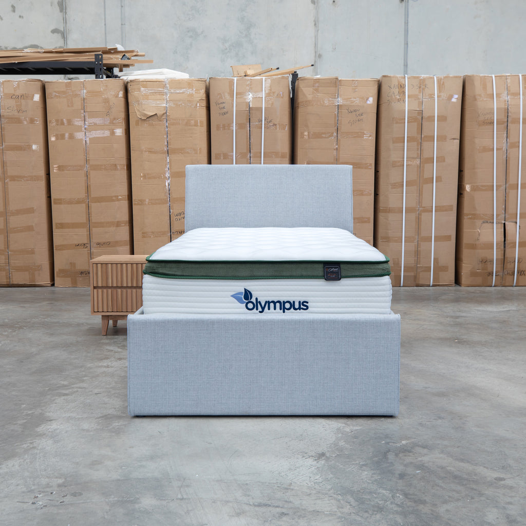 The York King Single Fabric Trundle Bed - Grey (Reversible Trundle) available to purchase from Warehouse Furniture Clearance at our next sale event.
